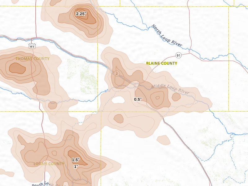 Radar-estimated hail-size map of the storm over Dunning, NE on Jul 4, 2026