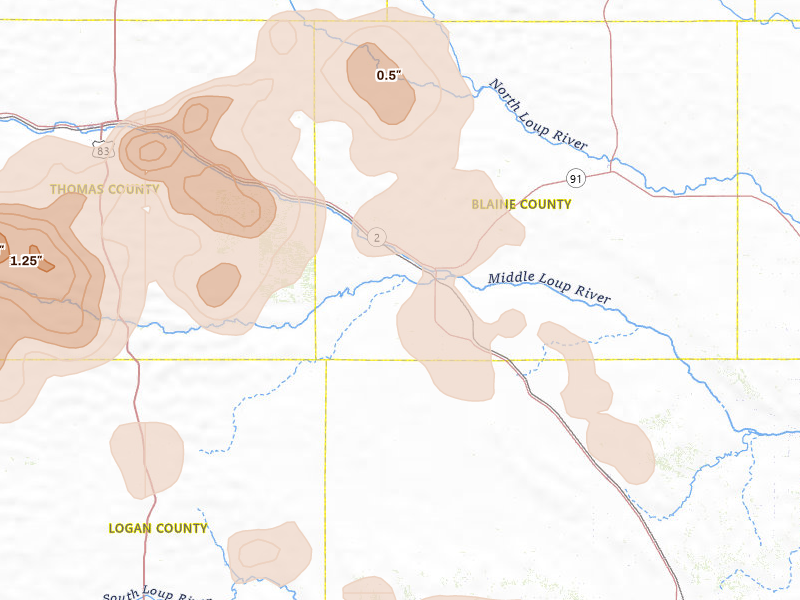 Radar-estimated hail-size map of the storm over Dunning, NE on Jul 27, 2026