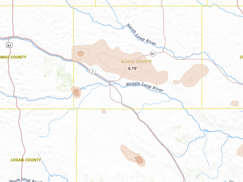 Radar-estimated hail-size map of the storm over Dunning, NE on Aug 10, 2026