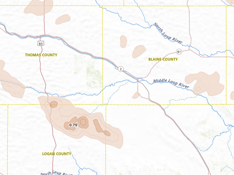 Radar-estimated hail-size map of the storm over Dunning, NE on Aug 17, 2026