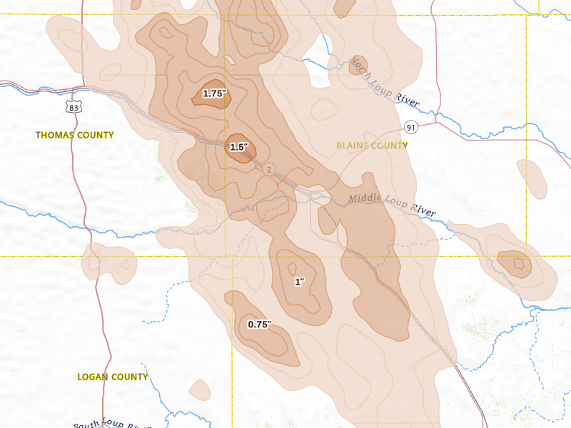 Radar-estimated hail-size map of the storm over Dunning, NE on Aug 20, 2026