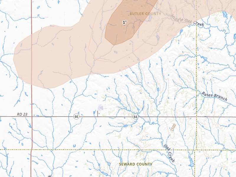 Radar-estimated hail-size map of the storm over Dwight, NE on May 16, 2026