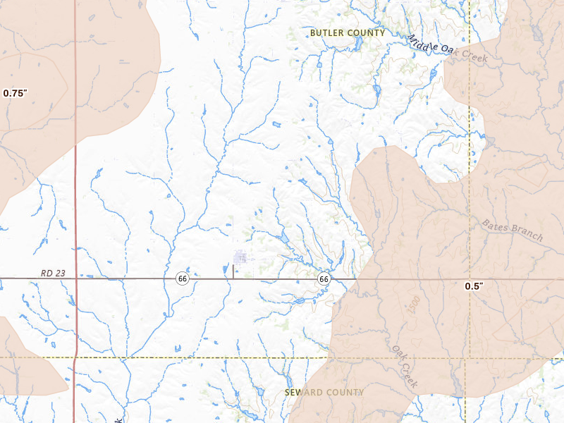 Radar-estimated hail-size map of the storm over Dwight, NE on May 18, 2026