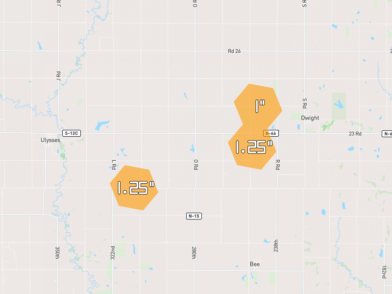 Hail map of Dwight, NE on Jul 4, 2026, hail up to 1.25"