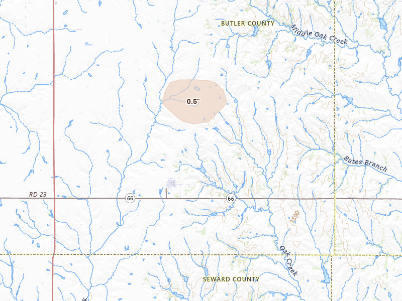 Radar-estimated hail-size map of the storm over Dwight, NE on Jul 30, 2026