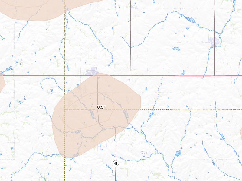 Radar-estimated hail-size map of the storm over Eagle, NE on Jun 5, 2026