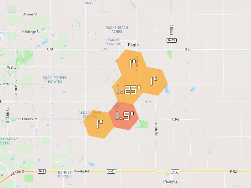 Hail map of Eagle, NE on Jun 6, 2026, hail up to 1.5"