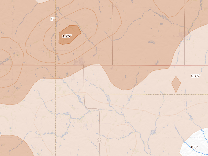 Radar-estimated hail-size map of the storm over Eagle, NE on Jun 10, 2026