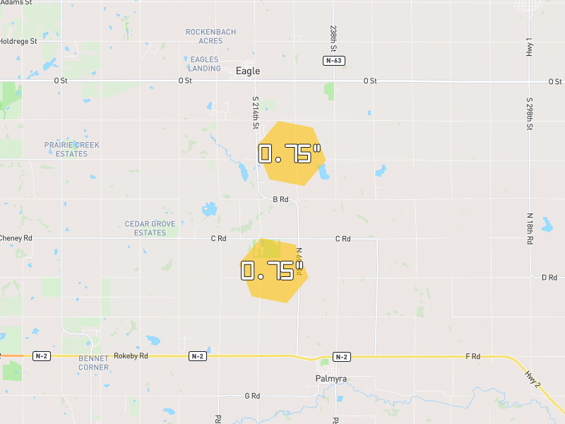 Hail map of Eagle, NE on Jul 3, 2026, hail up to 0.75"