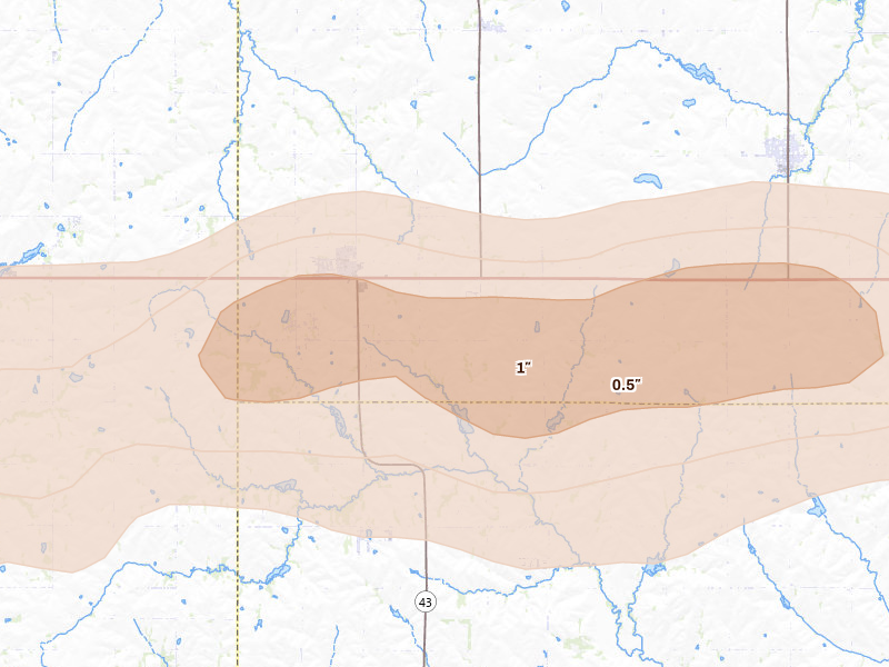 Radar-estimated hail-size map of the storm over Eagle, NE on Jul 27, 2026