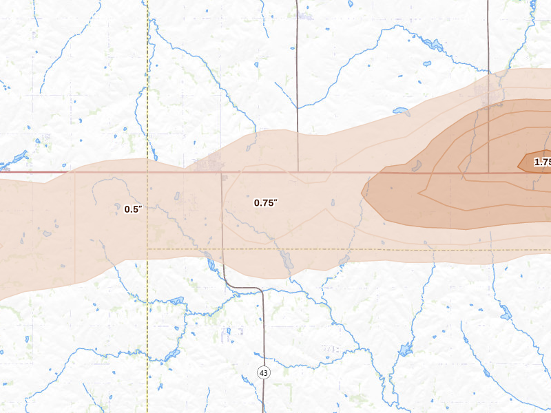 Radar-estimated hail-size map of the storm over Eagle, NE on Aug 4, 2026