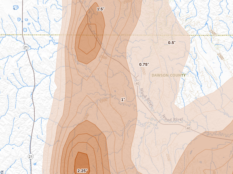 Radar-estimated hail-size map of the storm over Eddyville, NE on May 16, 2026