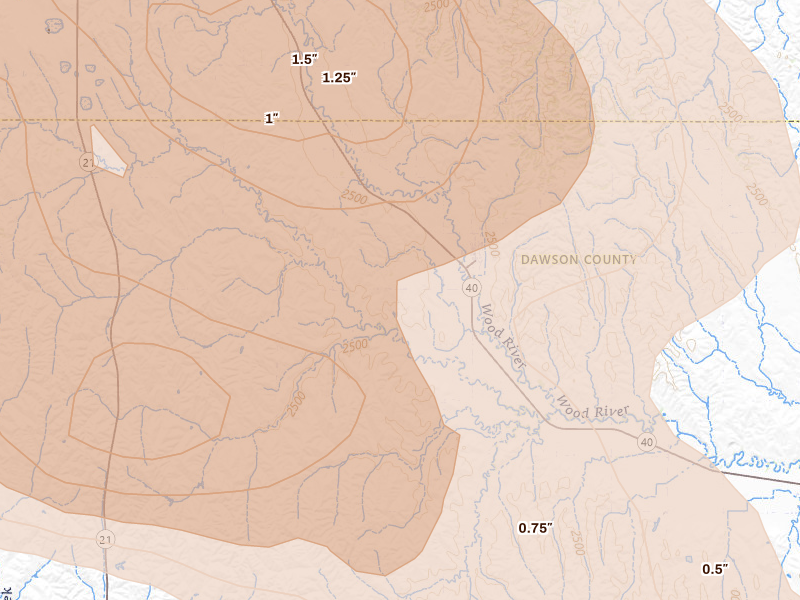 Radar-estimated hail-size map of the storm over Eddyville, NE on Jul 30, 2026