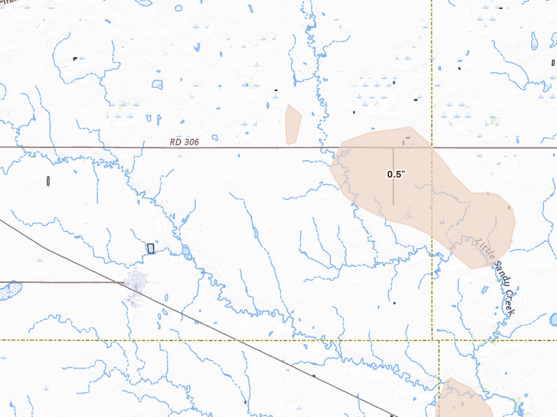 Radar-estimated hail-size map of the storm over Edgar, NE on Jun 1, 2026