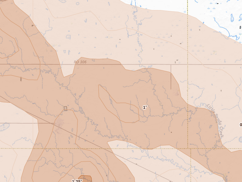 Radar-estimated hail-size map of the storm over Edgar, NE on Jun 20, 2026