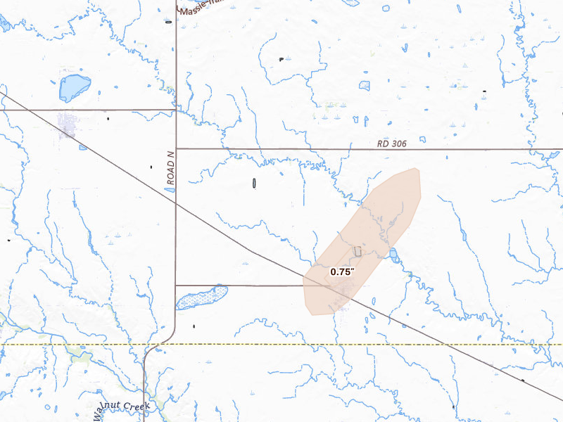 Radar-estimated hail-size map of the storm over Edgar, NE on Aug 10, 2026