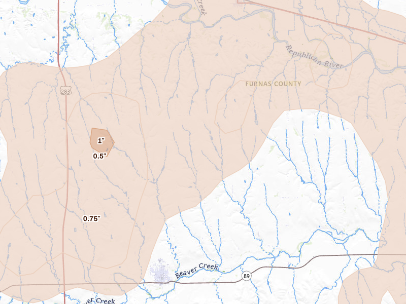 Radar-estimated hail-size map of the storm over Edison, NE on May 29, 2026