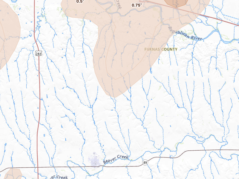 Radar-estimated hail-size map of the storm over Edison, NE on Jun 3, 2026