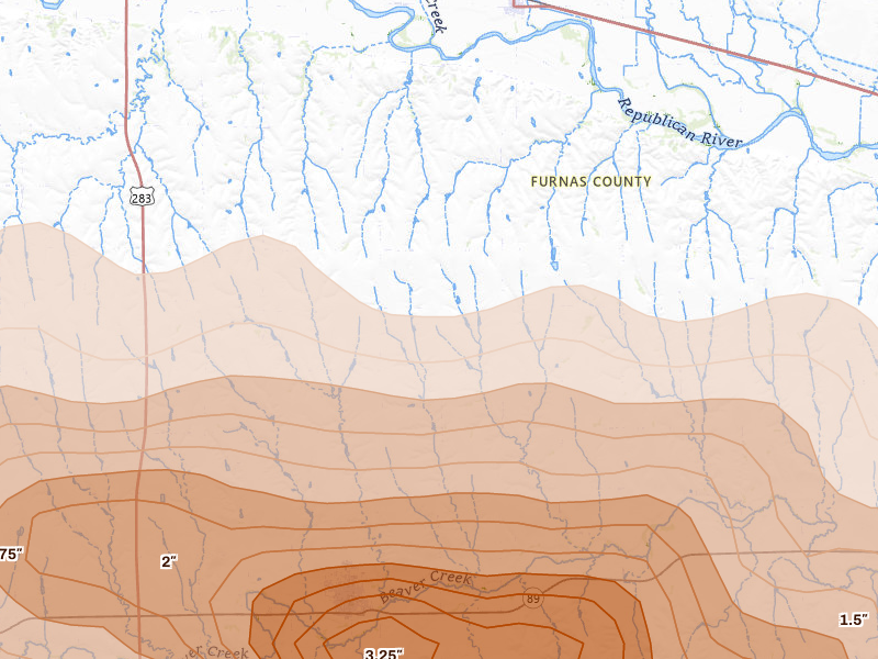 Radar-estimated hail-size map of the storm over Edison, NE on Jun 8, 2026