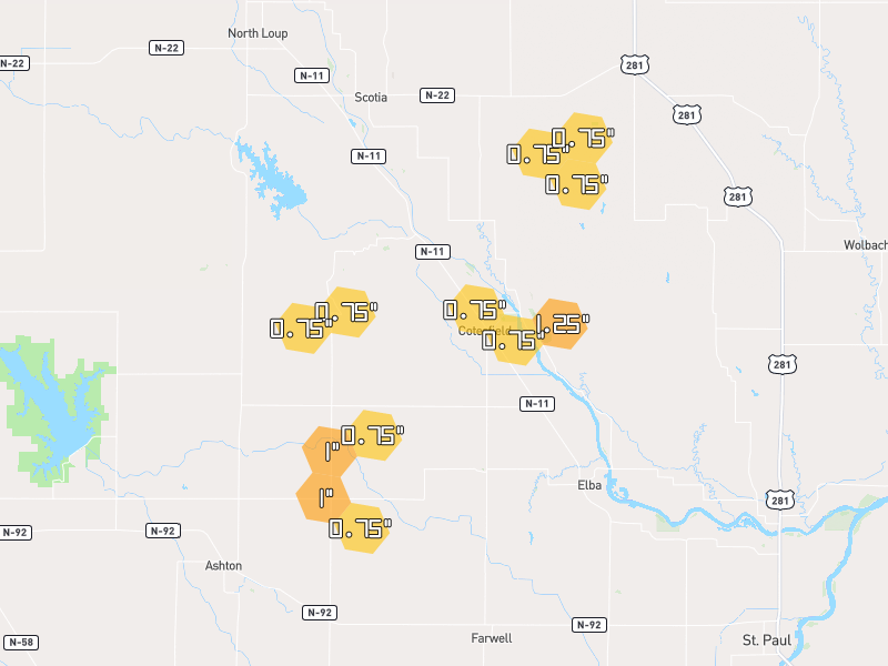 Hail map of Elba, NE on Jun 6, 2026, hail up to 1.25"