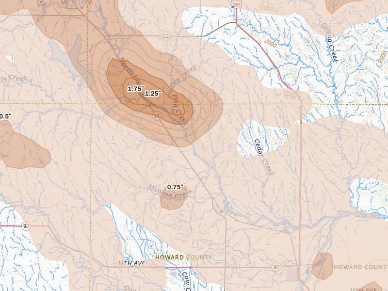 Radar-estimated hail-size map of the storm over Elba, NE on Aug 17, 2026
