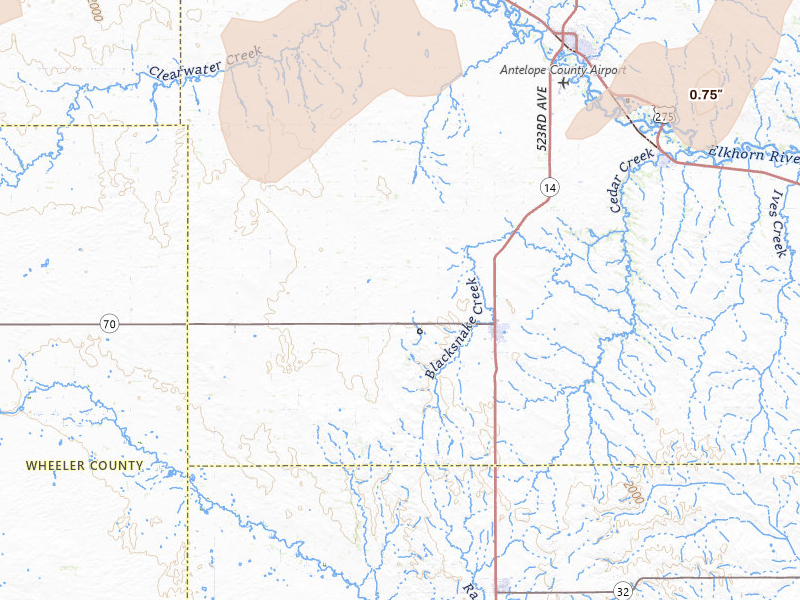 Radar-estimated hail-size map of the storm over Elgin, NE on May 25, 2026