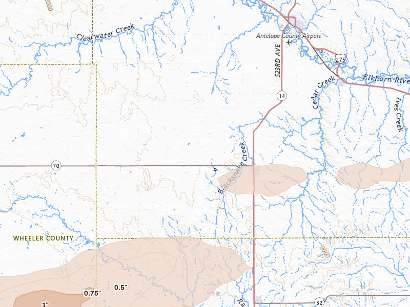 Radar-estimated hail-size map of the storm over Elgin, NE on Jun 12, 2026
