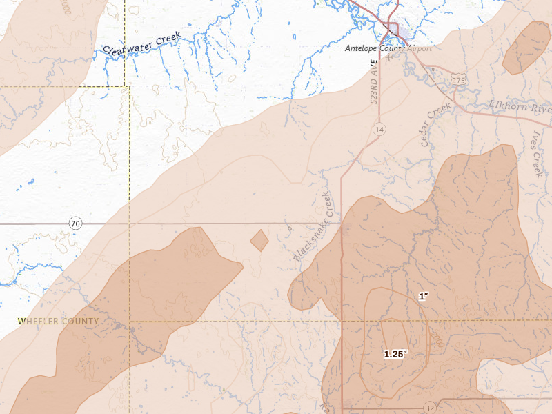 Radar-estimated hail-size map of the storm over Elgin, NE on Jun 29, 2026
