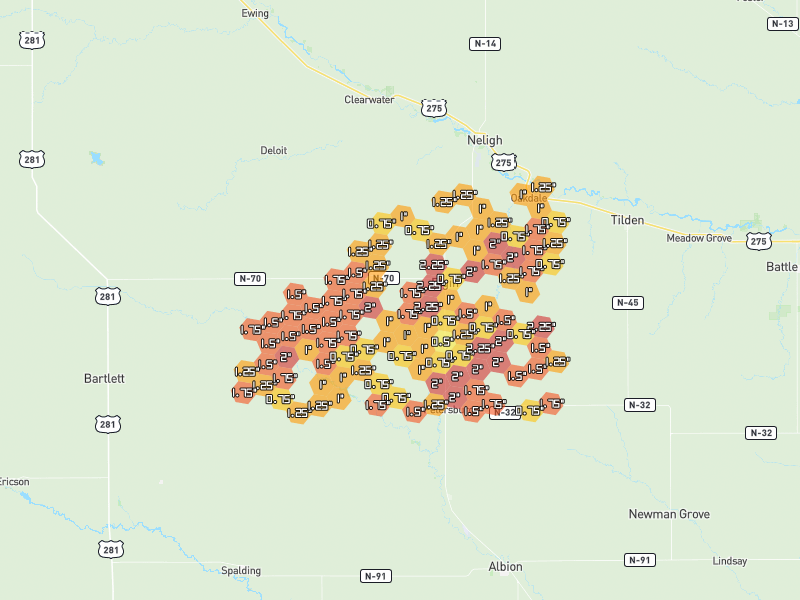 Hail map of Elgin, NE on Jun 30, 2026, hail up to 2.25"