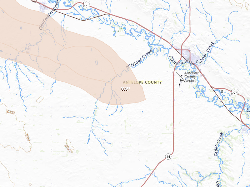 Radar-estimated hail-size map of the storm over Elgin, NE on Aug 21, 2026