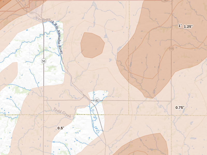 Radar-estimated hail-size map of the storm over Elk Creek, NE on Apr 23, 2026