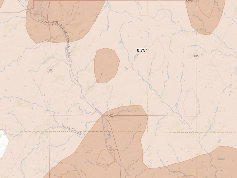 Radar-estimated hail-size map of the storm over Elk Creek, NE on May 18, 2026