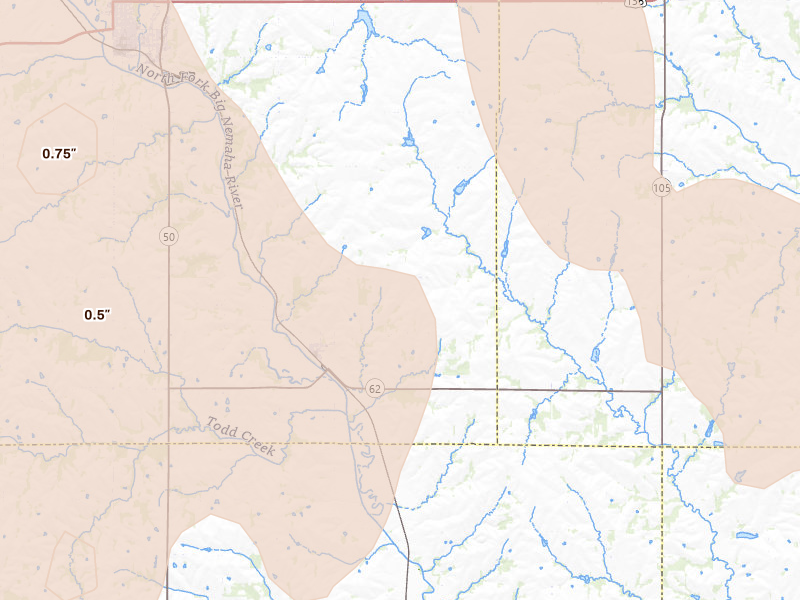 Radar-estimated hail-size map of the storm over Elk Creek, NE on Jul 3, 2026
