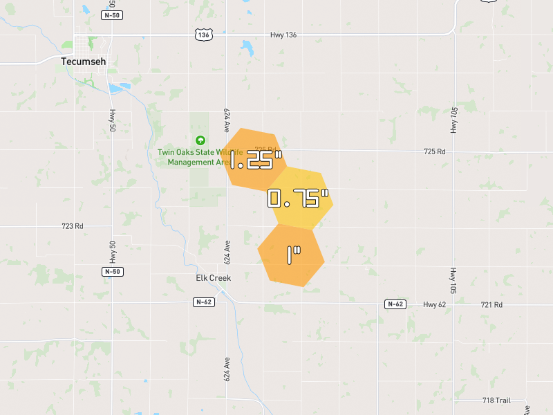 Hail map of Elk Creek, NE on Jul 4, 2026, hail up to 1.25"