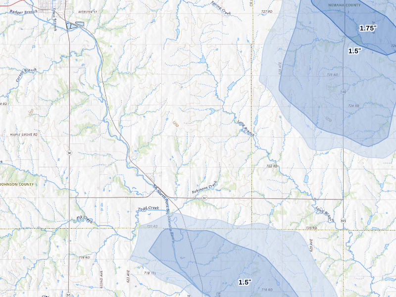 NEXRAD radar-signature map of the hail storm over Elk Creek, NE on Aug 19, 2026