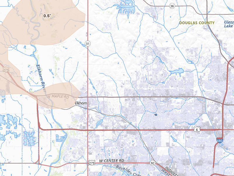 Radar-estimated hail-size map of the storm over Elkhorn, NE on May 15, 2026