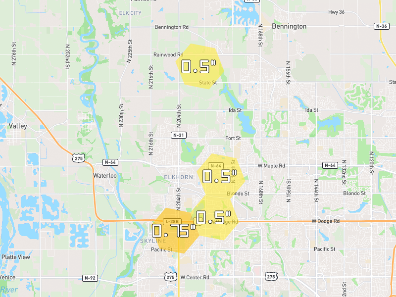 Hail map of Elkhorn, NE on Jul 3, 2026, hail up to 0.75"