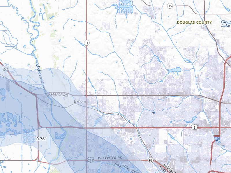 NEXRAD radar-signature map of the hail storm over Elkhorn, NE on Jul 8, 2026