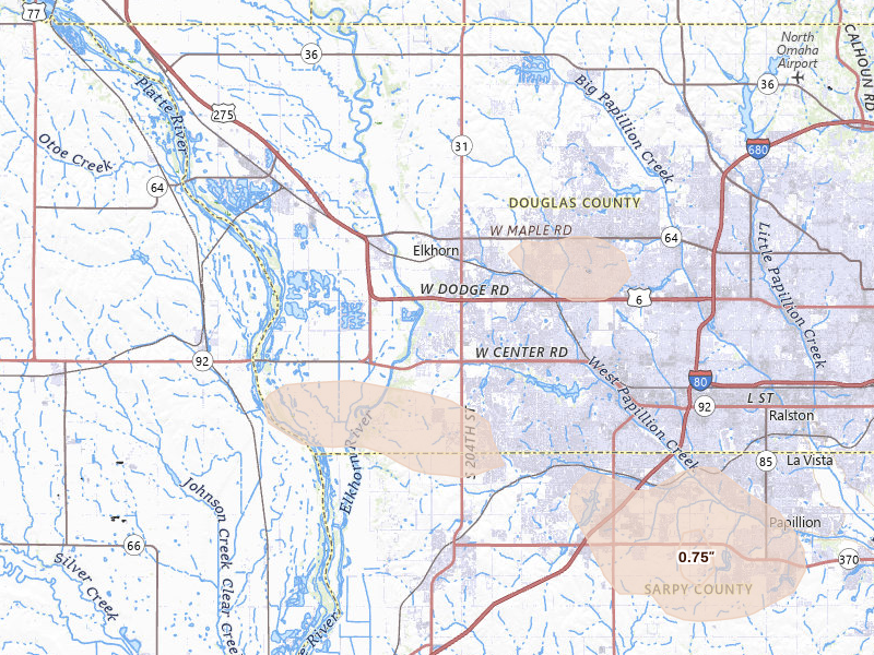 Radar-estimated hail-size map of the storm over Elkhorn, NE on Aug 11, 2026