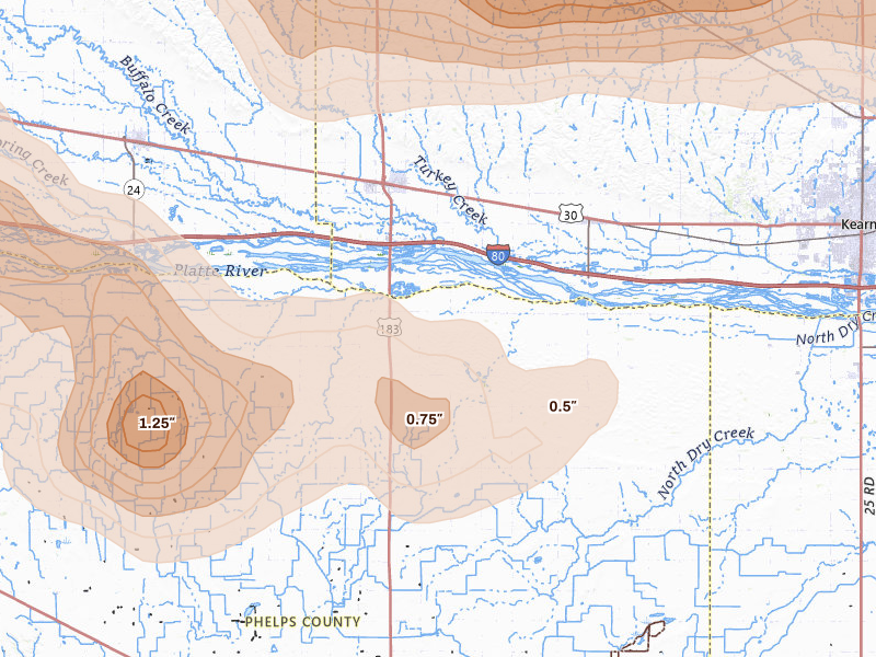 Radar-estimated hail-size map of the storm over Elm Creek, NE on May 16, 2026