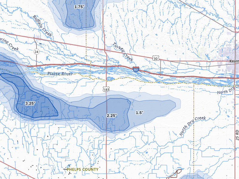 NEXRAD radar-signature map of the hail storm over Elm Creek, NE on May 16, 2026