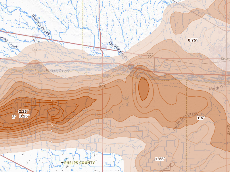 Radar-estimated hail-size map of the storm over Elm Creek, NE