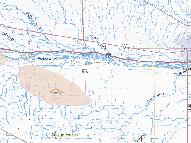 Radar-estimated hail-size map of the storm over Elm Creek, NE on Jul 8, 2026