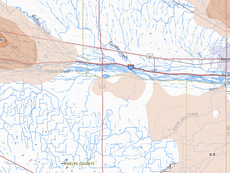 Radar-estimated hail-size map of the storm over Elm Creek, NE on Jul 30, 2026