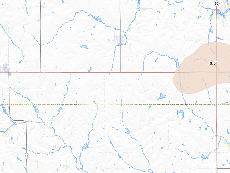 Radar-estimated hail-size map of the storm over Elmwood, NE on Jul 8, 2026