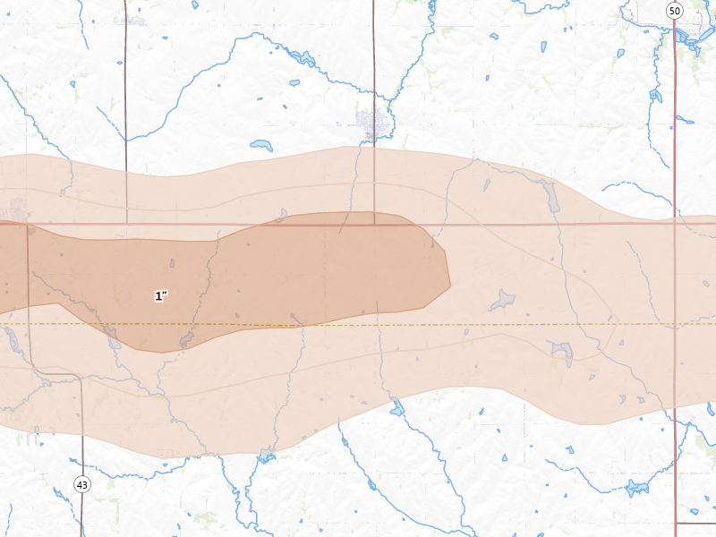 Radar-estimated hail-size map of the storm over Elmwood, NE on Jul 27, 2026