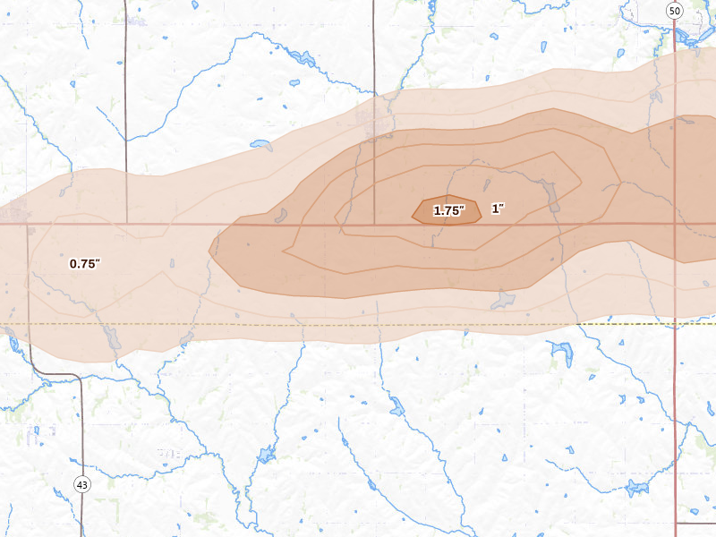 Radar-estimated hail-size map of the storm over Elmwood, NE on Aug 4, 2026