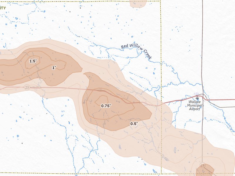 Radar-estimated hail-size map of the storm over Elsie, NE on May 16, 2026