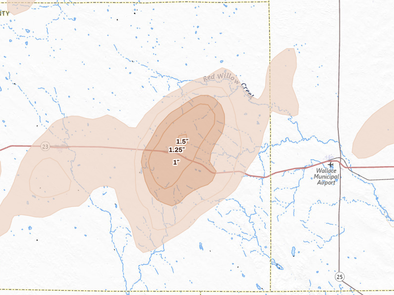 Radar-estimated hail-size map of the storm over Elsie, NE on Jun 7, 2026