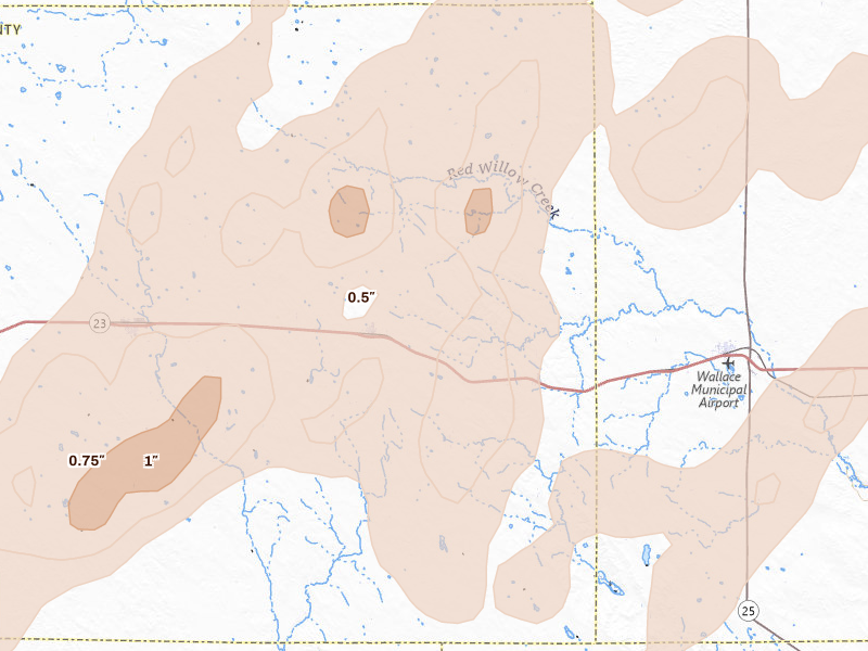 Radar-estimated hail-size map of the storm over Elsie, NE on Jun 8, 2026